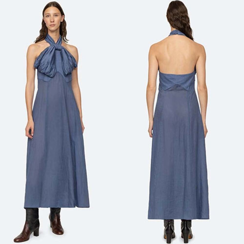 NWT Sea New York Risa Halter Neck Oversized Bow Detail Maxi Dress Blue Size: 2